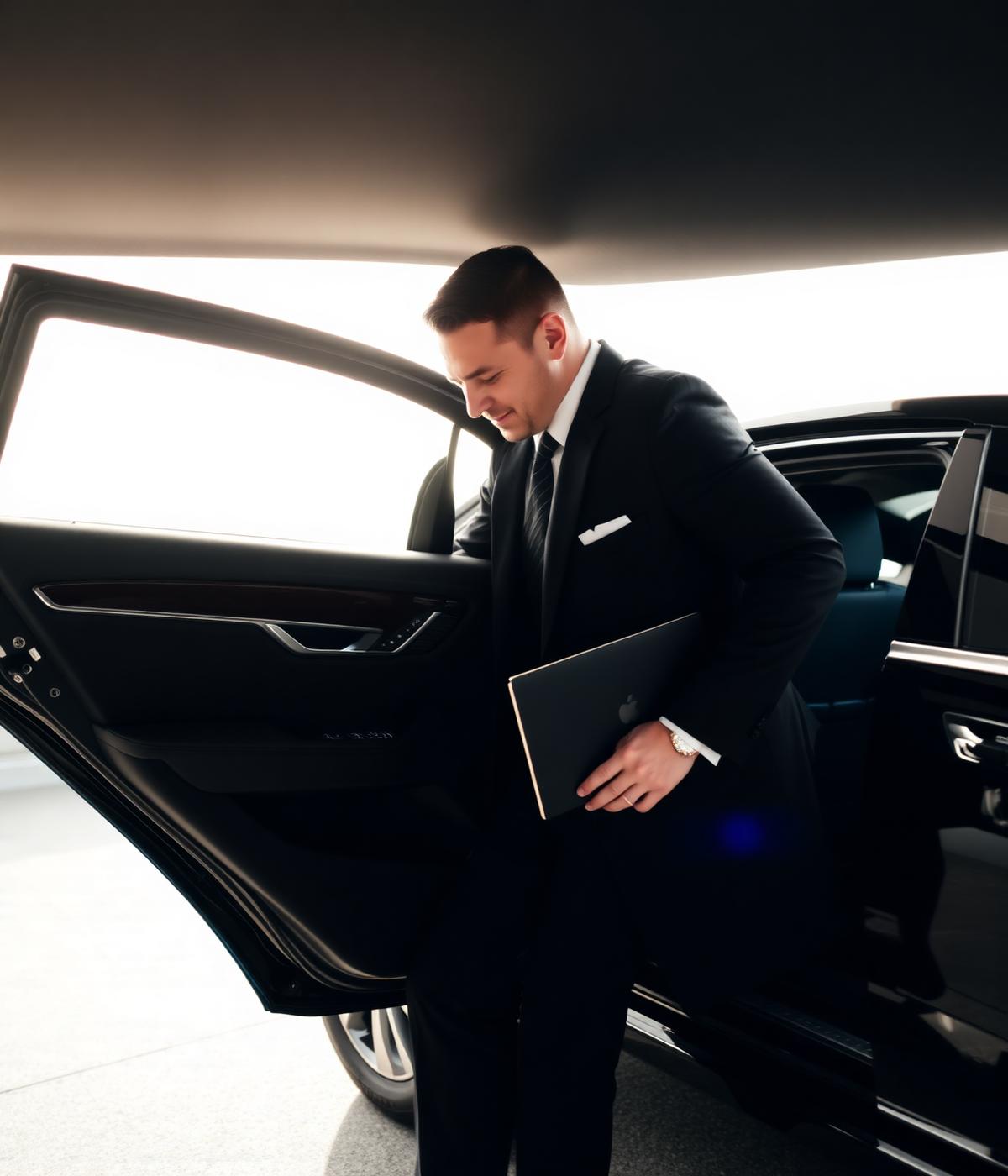 Chauffeur opening rear door of luxury sedan