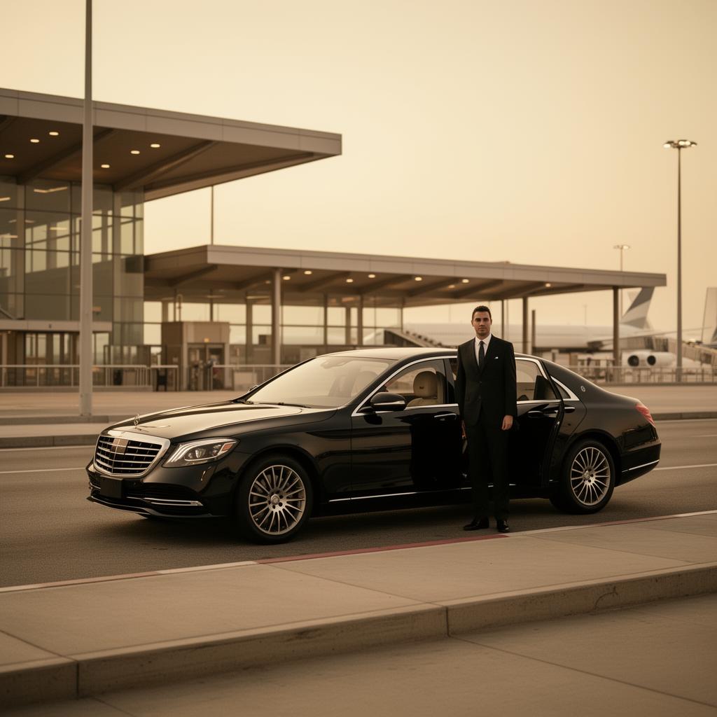 Chauffeur beside luxury sedan at airport terminal
